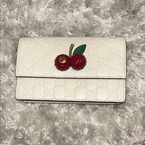 Gucci White Embossed GG Leather Clutch with Red Cherry Accent